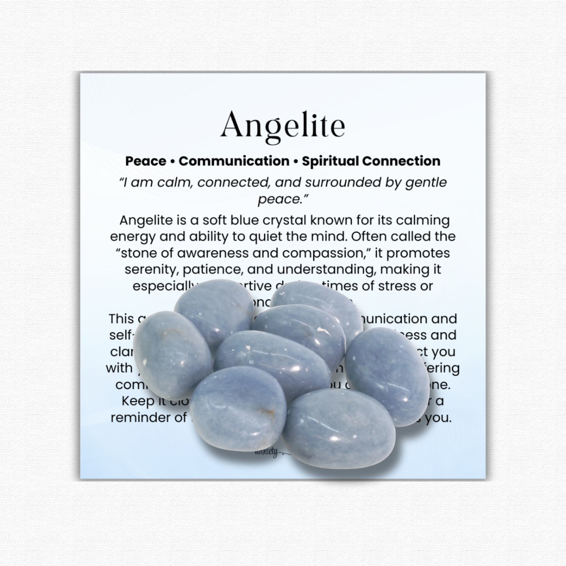 Angelite Tumbled Stone 1 inch, polished blue healing crystal for peace and anxiety relief, calming angelite gemstone for stress and emotional healing, natural angelite pocket stone for meditation and mindfulness, angelite crystal for compassion and clear communication, genuine angelite stone for spiritual growth and angel connection, tumbled gemstone for self-care and chakra healing, angelite crystal gift for women and men
