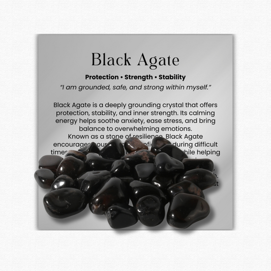 Black Agate Tumbled Stone 1–2 inches, polished black healing crystal for grounding and protection, natural agate gemstone for stress relief and anxiety, calming black agate pocket stone for meditation and mindfulness, genuine black agate crystal for emotional balance and strength, tumbled gemstone for reiki and chakra healing, black agate stone for stability and resilience, crystal gift for women and men