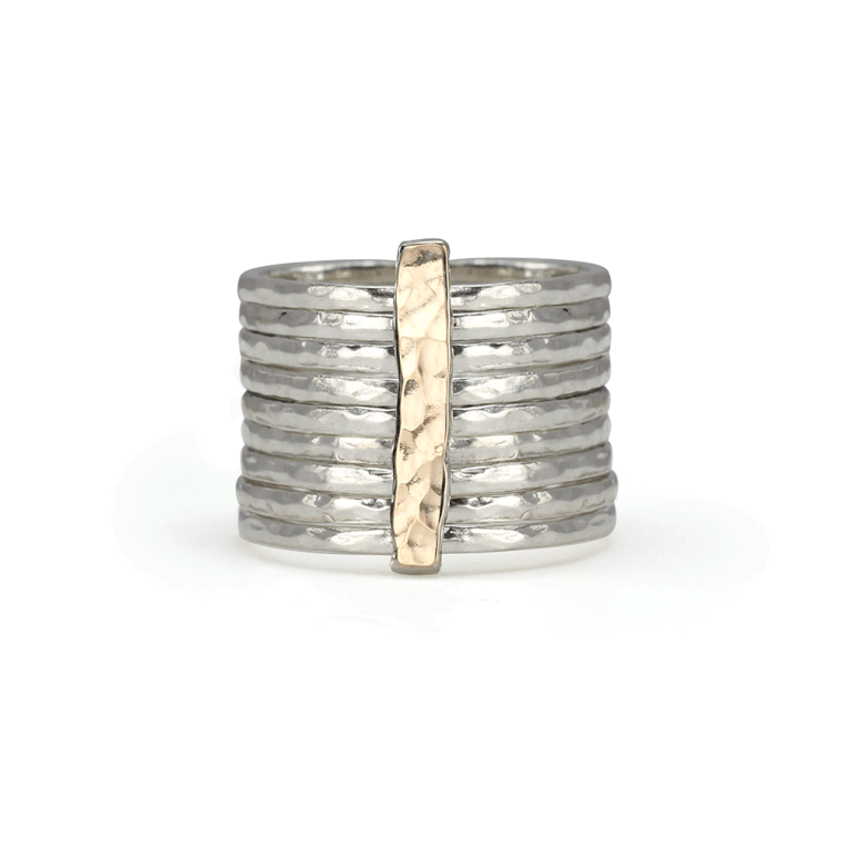 Breath Sterling Silver Fidget Ring for Women with Yellow Gold Accent Bar and Nine Spinning Bands – A feminine and playful meditation ring designed for mindfulness and joy.