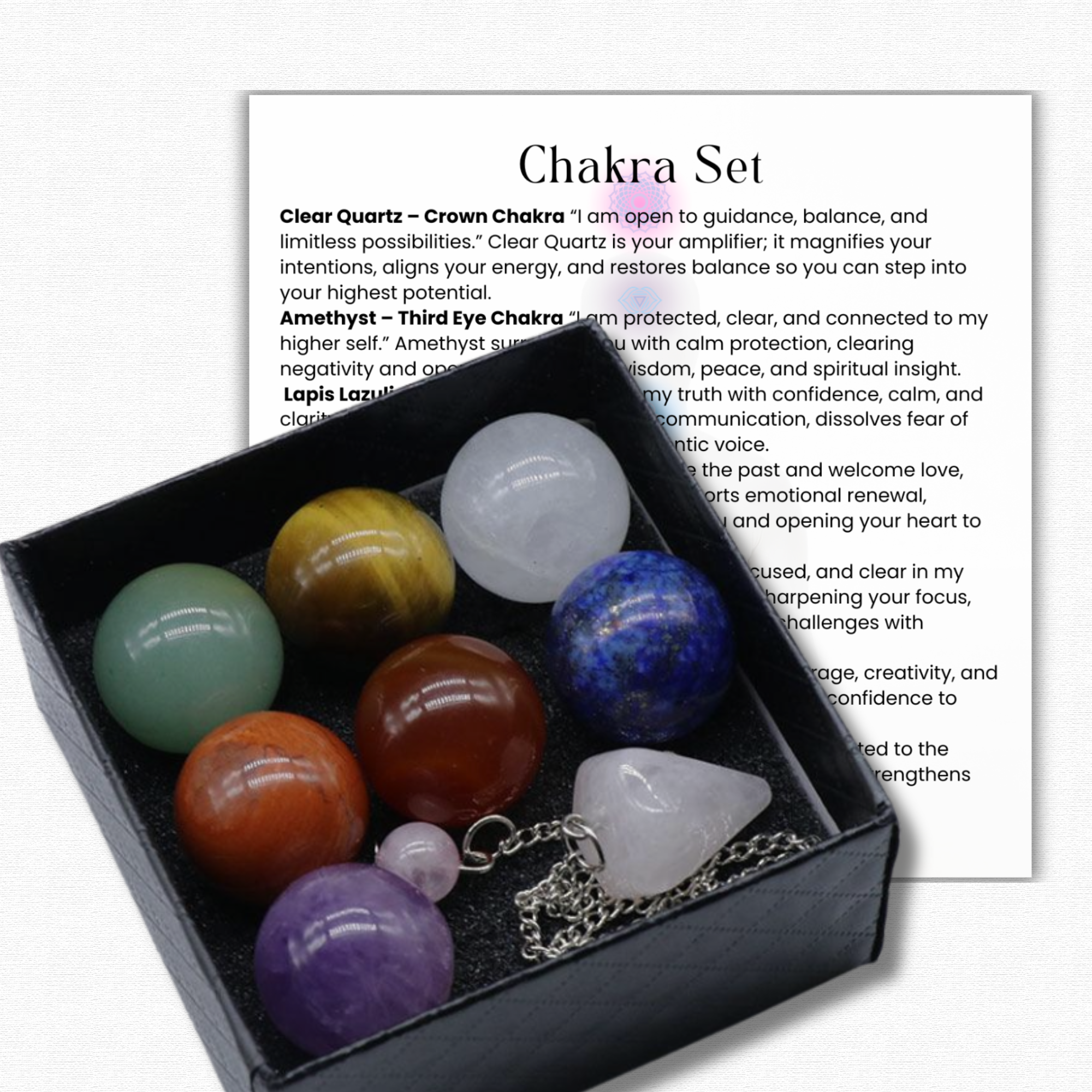Chakra Crystal Set + Rose Quartz Pendulum – Anxiety Gone