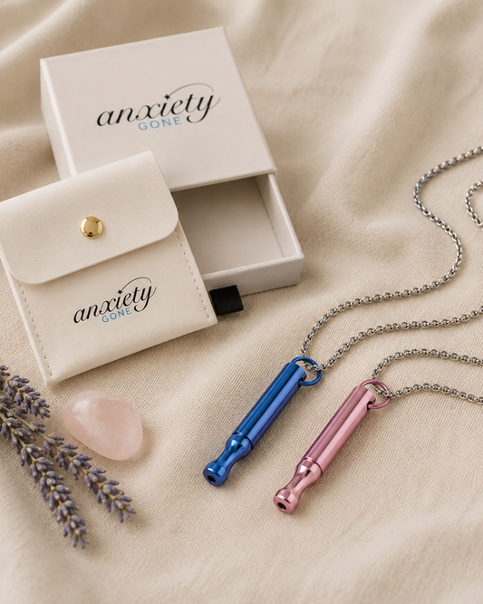 Blue and pink kids breathing necklaces shown side by side