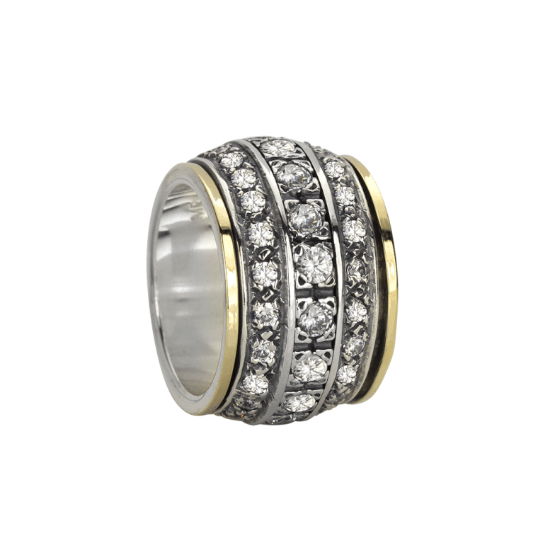 Eternity Sterling Silver Gold Fidget Rings for Women with Yellow Gold Edges and Spinning CZ Bands – A luxurious meditation ring designed for mindfulness, confidence, and inner strength.