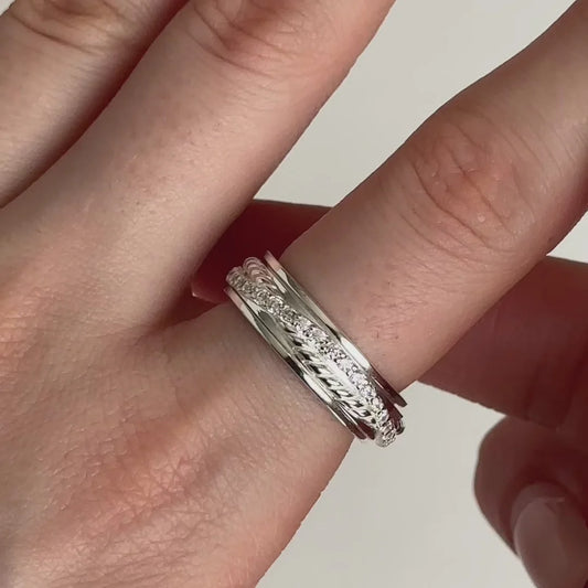 Feel Sterling Silver Spinner Ring – Anxiety Fidget Ring with Braided CZ Band for Stress Relief, Focus & Mindful Emotional Support