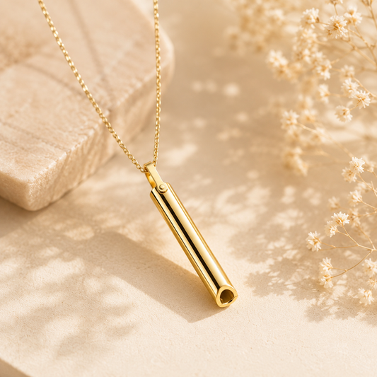 18K gold dipped breathing necklace on a delicate chain, a wearable breathing tool for anxiety relief