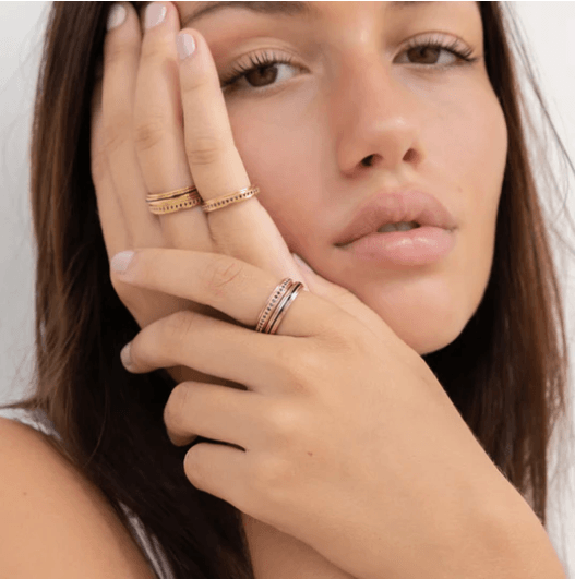 Eclipse 14K Rose Gold Spinner Ring shown on a womans hand