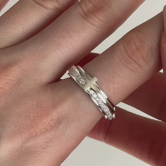 Haven Sterling Silver Spinner Ring – Anxiety Fidget Ring with CZ Cross Band for Stress Relief, Prayer, Focus & Spiritual Strength