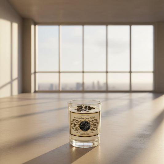 hematite crystal candle, grounding crystal candle, hematite soy candle, crystal infused candle, grounding candle with crystal, gemstone candle, soy gem candle, hematite candle, grounding candle, root chakra candle, crystal candle for grounding, candle for stability and focus, hematite energy candle, reiki candle for balance, spiritual candle for protection, stress relief crystal candle