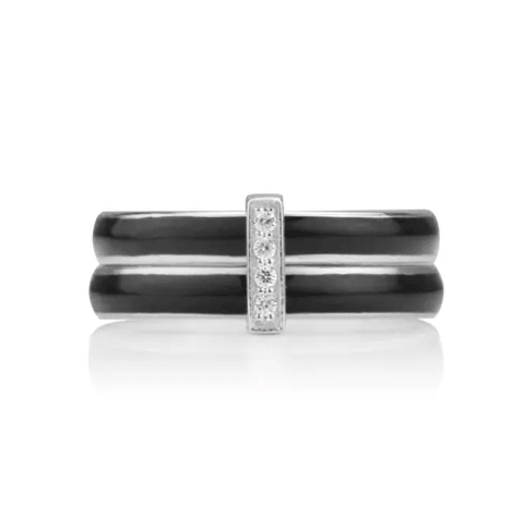 Sterling Silver Anxiety Ring with black enamel spinning bands, encrusted with silver and CZ accents, displayed with complimentary Travel Pouch and Tin"