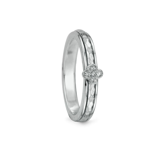 Sterling Silver Fidget Ring with lucky clover and hammered spinning band and CZ Clover element.