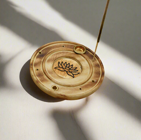 Lotus Incense Holder with wood base and copper lotus flower for incense sticks and cones.