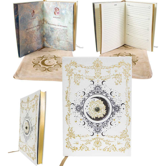 vegan leather journal, moon phase journal, crystal journal, moon journal with crystal, witchy journal, celestial journal, spiritual journal with moon phases, vegan leather moon journal, manifestation journal, moon ritual journal, intention setting journal, lunar phase journal, journal for moon phases, astrology journal with crystal, witch journal for spells, new moon manifestation journal