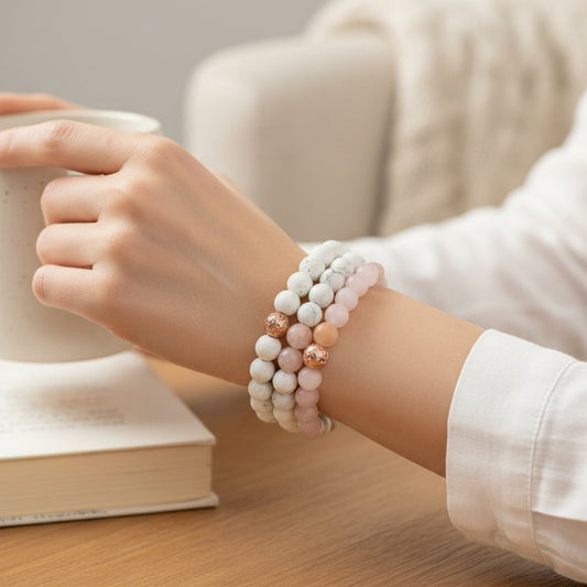 rose quartz bracelet, gemstone bracelets canada, rose quartz jewelry, white howlite jewelry,