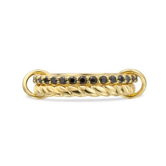 A gold three-band fidget ring set featuring a twisted rope band, a thin band with small round black stones, and a simple smooth band, shown on a plain white background.