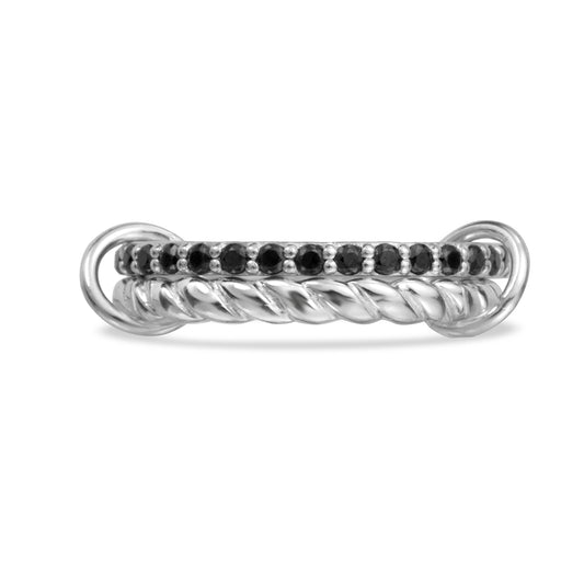 Sutra black spinner ring in sterling silver with twisted band and black pavé stones