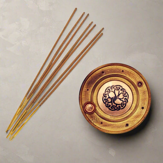 Tree of Life Wood Incense Holder for 6 incense sticks and cones with brass and copper accents.