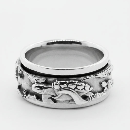Patience Turtle Fidget Ring in sterling silver with a smooth, soothing spin