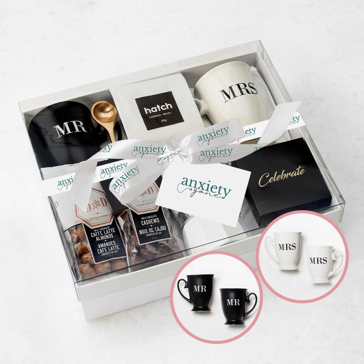 Couples gift basket with mugs, espresso, chocolates, and espresso maker is a Romantic coffee lovers gift set for weddings and anniversaries