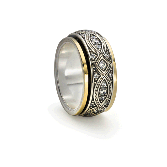 Wisdom Luxury Fidget Ring, a oval band spinner ring, photographed against a neutral background