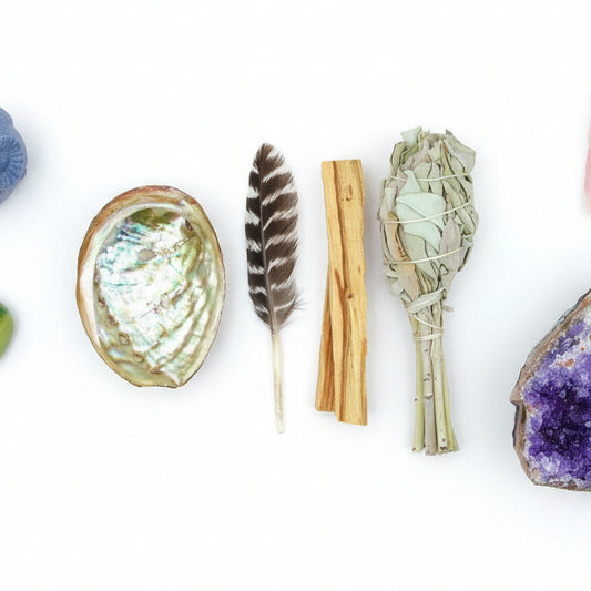 Beginner's Mini Smudging Kit with abalone shell, smudge stick, palo santo, and feather for energy cleansing, spiritual healing, and anxiety relief