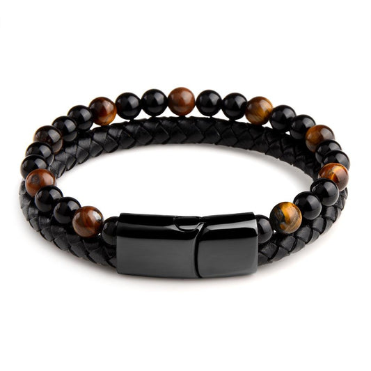 Tiger's Eye Leather Bracelet with braided black leather for mental clarity and emotional strength.