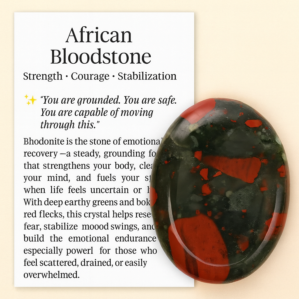 African Bloodstone worry stone for anxiety relief, grounding, and abundance – polished thumb stone with info card for protection and stress support