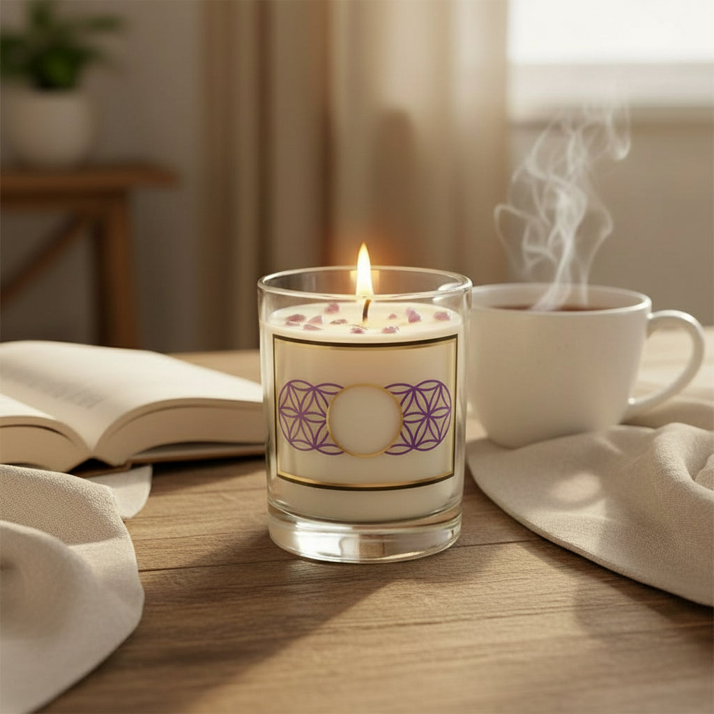 crystal candle, amethyst candle, lavender crystal candle, healing candle with crystals, soy crystal candle, amethyst lavender candle, soy gem candle, crystal infused candle, gemstone candle, amethyst lavender candle, lavender and crystal candle, calming lavender crystal candle, amethyst aromatherapy candle, lavender healing candle, candle for anxiety and stress, lavender candle with amethyst, lavender infused crystal candle