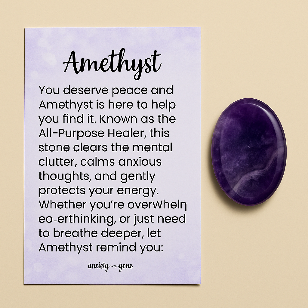 Polished amethyst worry stone for anxiety, stress relief, and emotional healing – natural thumb stone with info card