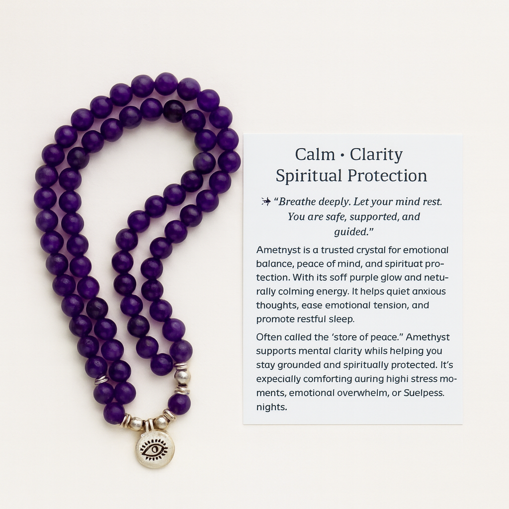 Peaceful Amethyst Third Eye Mala Bead Necklace for meditation, chakra healing, and spiritual balance.