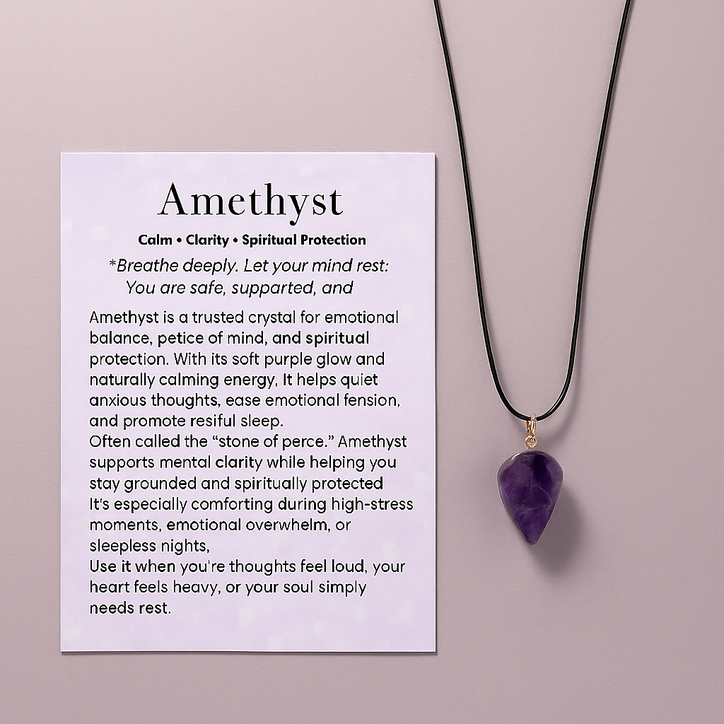 Pendant Drop Amethyst Necklace for anxiety relief, emotional balance, and spiritual guidance, making it perfect for spiritual gifts or gemstone jewelry.