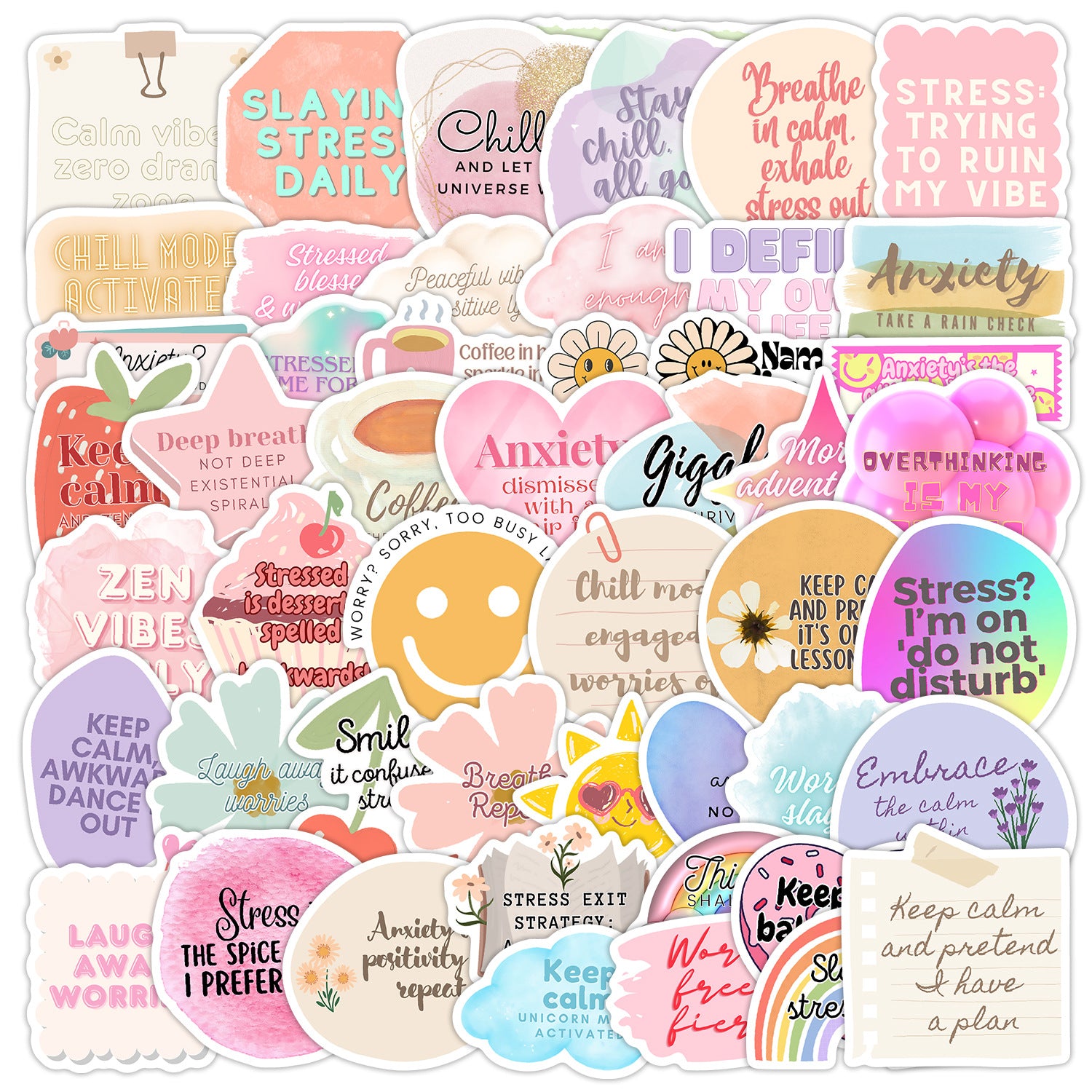 mental health stickers pack with positive affirmations and anxiety relief quotes, 55PCS vinyl anxiety stickers with self care messages and therapy support, motivational stickers for mental health journaling, laptops, and planners, uplifting waterproof mental health stickers for depression and anxiety support, cute cartoon-style mental health awareness sticker bundle for teens and adults, eco-friendly PVC mental health stickers for students and therapists, aesthetic mental health planner stickers with daily 