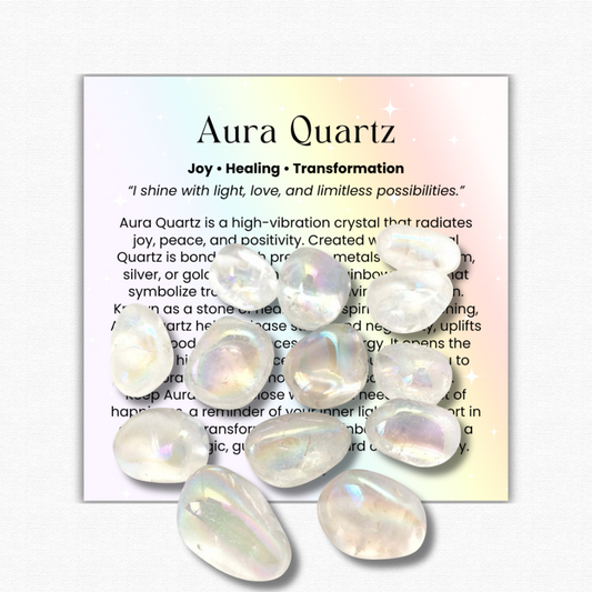 Aura Quartz Tumbled Stone 1–2 inches, rainbow healing crystal for joy and transformation, iridescent aura quartz gemstone for stress relief and positivity, high-vibration crystal for spiritual growth and energy healing, natural aura quartz meditation stone with rainbow shine, genuine aura quartz pocket stone for mindfulness and reiki, shimmering aura quartz crystal gift for women and men