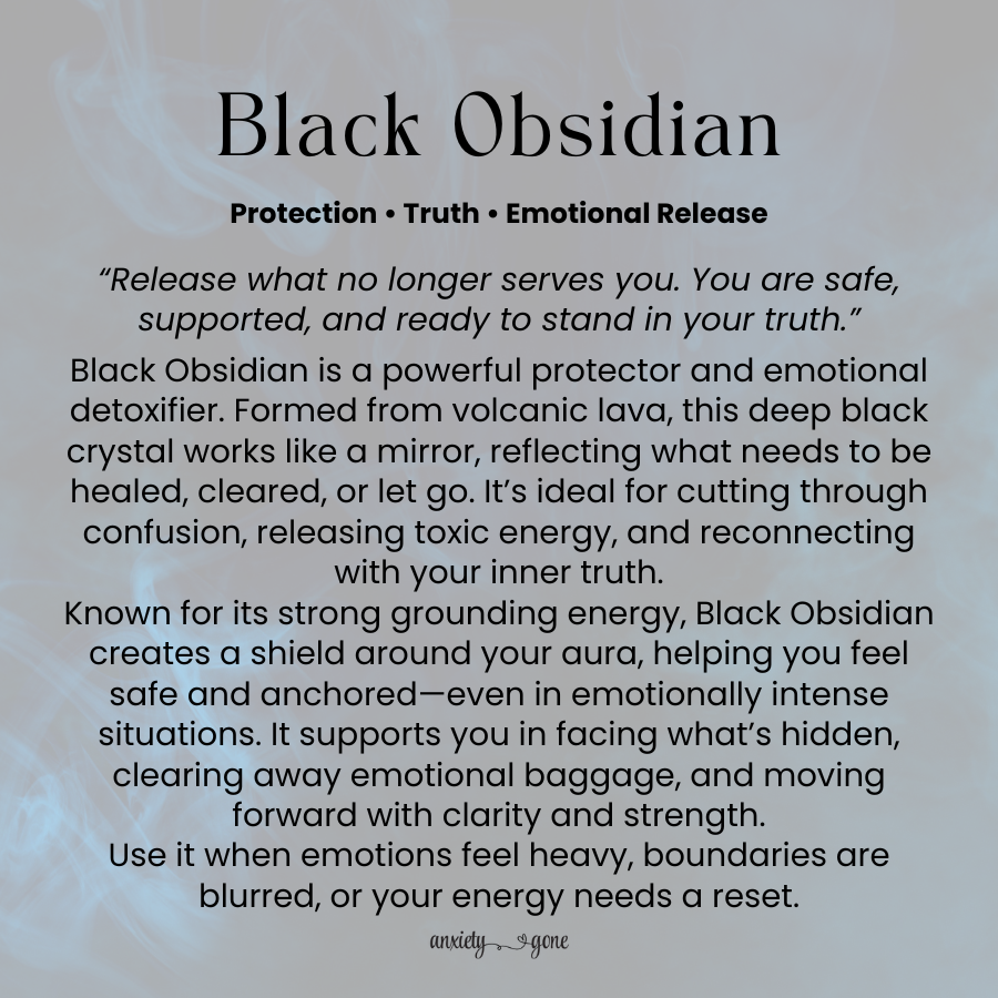 Polished black obsidian worry stone for anxiety, stress relief, and grounding – natural thumb stone with info card for addiction support and protection
