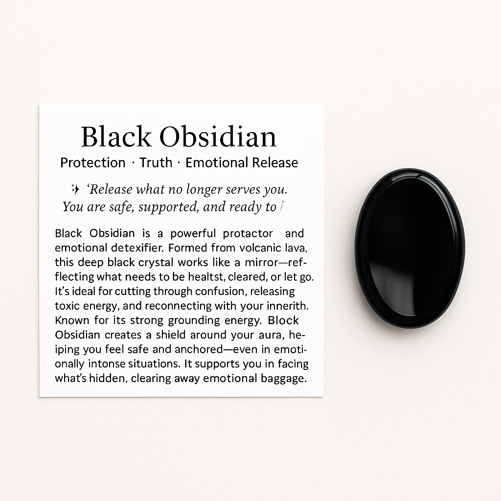 Polished black obsidian worry stone for anxiety, stress relief, and grounding – natural thumb stone with info card for addiction support and protection