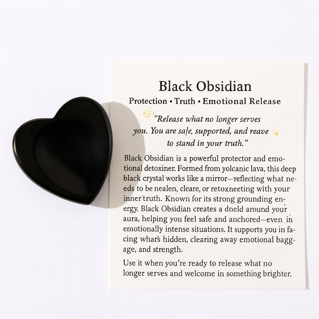 Obsidian heart worry stone for anxiety, stress relief, and grounding – polished crystal thumb stone with info card for emotional healing and protection