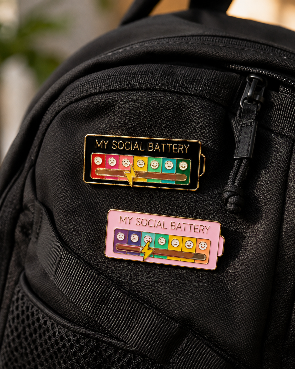 Two enamel pins shaped like battery packs with the text 'MY SOCIAL BATTERY' and colorful progress bars, attached to a black backpack.
