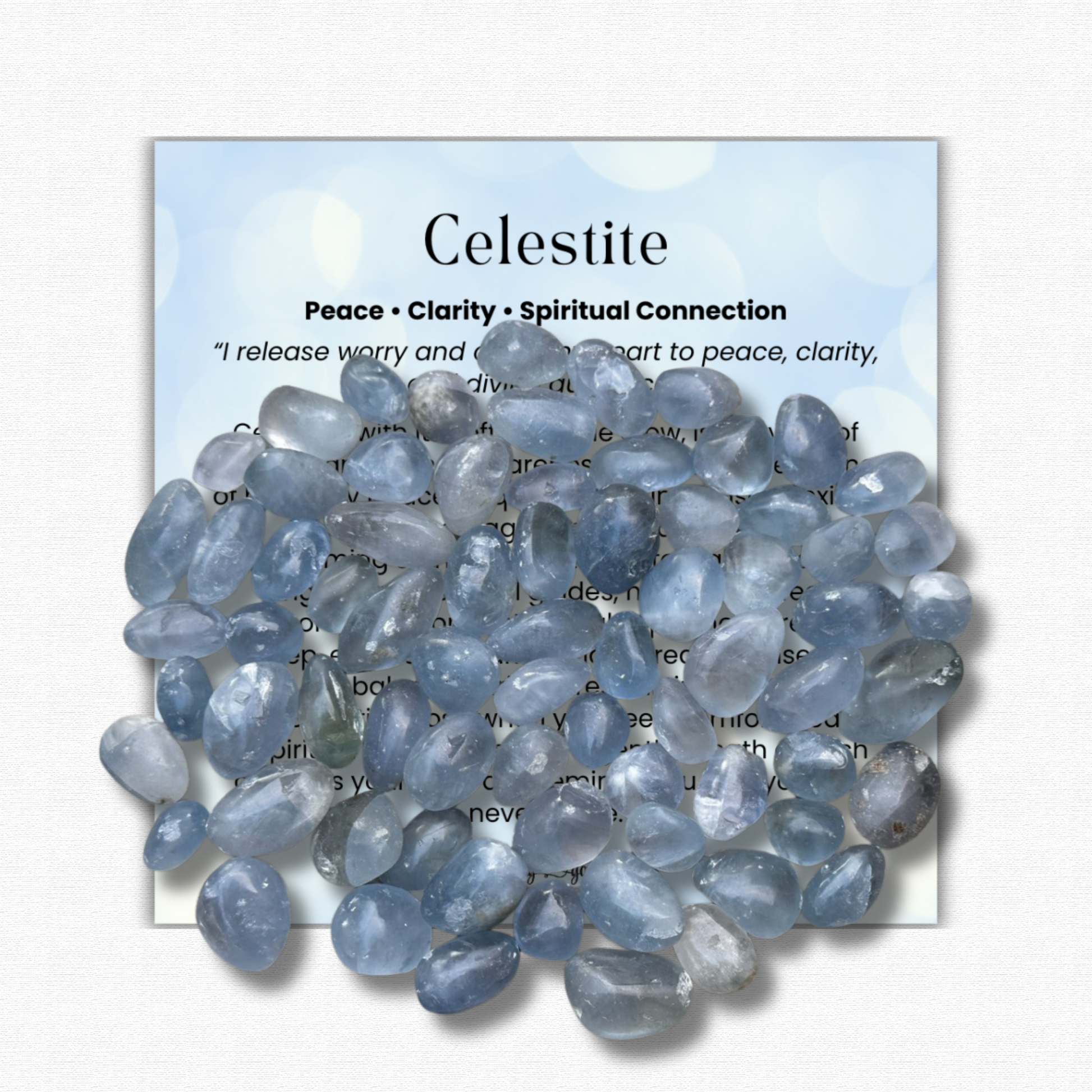 Celestite Tumbled Stone 1 inch, polished blue healing crystal for peace and clarity, calming celestite gemstone for stress relief and anxiety, natural celestite pocket stone for meditation and mindfulness, genuine celestite crystal for restful sleep and angel connection, high-vibration celestite stone for emotional healing and spiritual growth, tumbled blue gemstone for reiki and chakra balance, celestite crystal gift for women and men