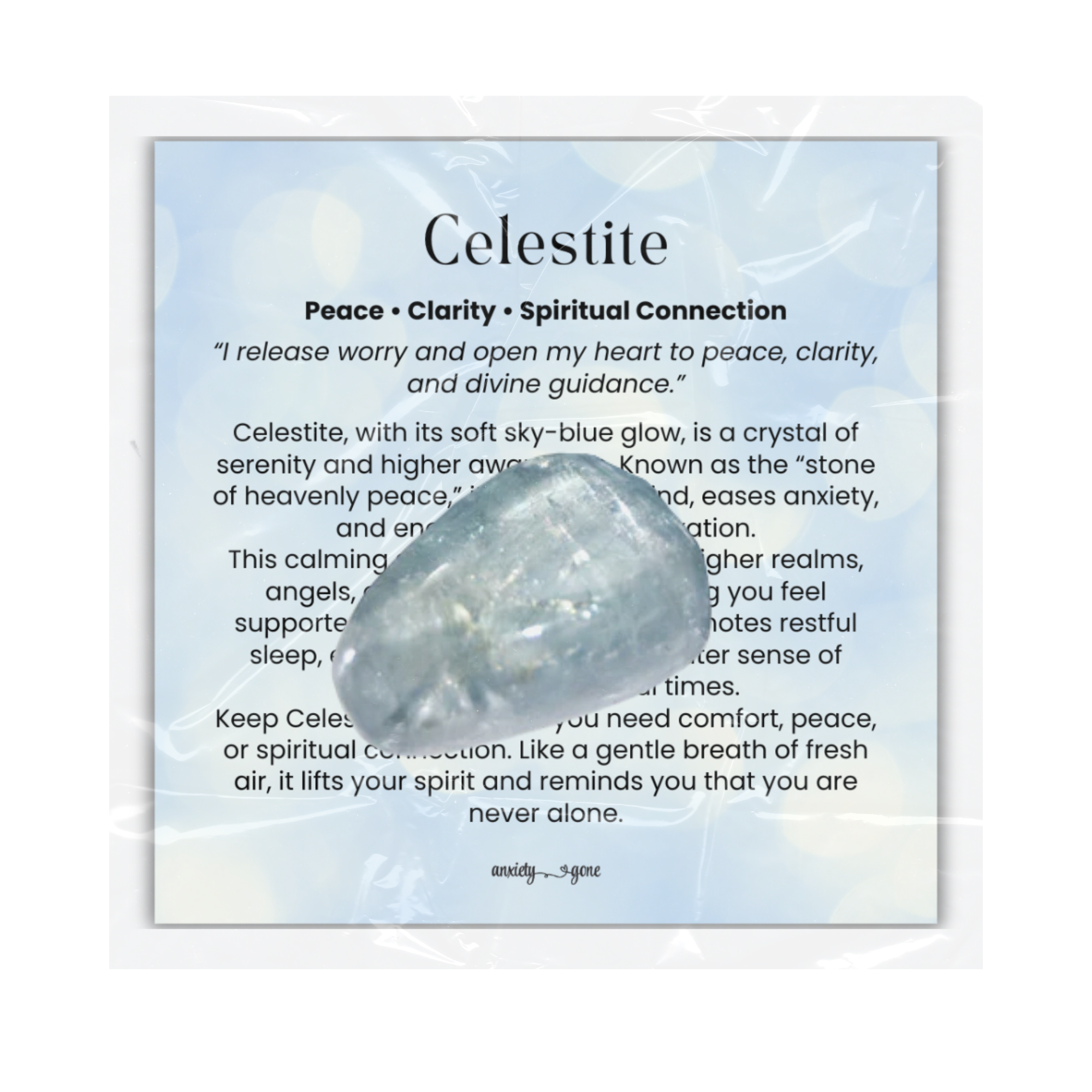 Celestite Tumbled Stone 1 inch, polished blue healing crystal for peace and clarity, calming celestite gemstone for stress relief and anxiety, natural celestite pocket stone for meditation and mindfulness, genuine celestite crystal for restful sleep and angel connection, high-vibration celestite stone for emotional healing and spiritual growth, tumbled blue gemstone for reiki and chakra balance, celestite crystal gift for women and men