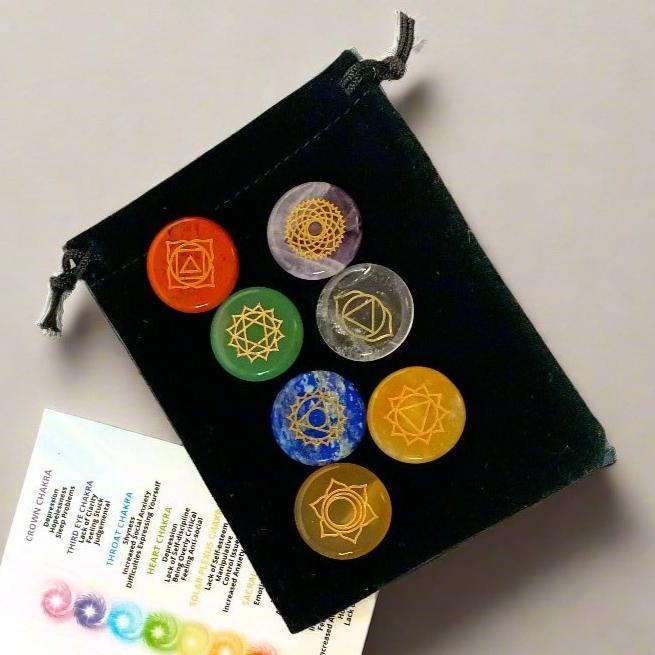 Engraved Chakra Stone Set for energy balance, chakra healing, and spiritual alignment.