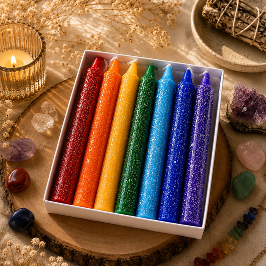 Crystal Sprinkled Chakra Candle Set 4" Pillar Spell Candles