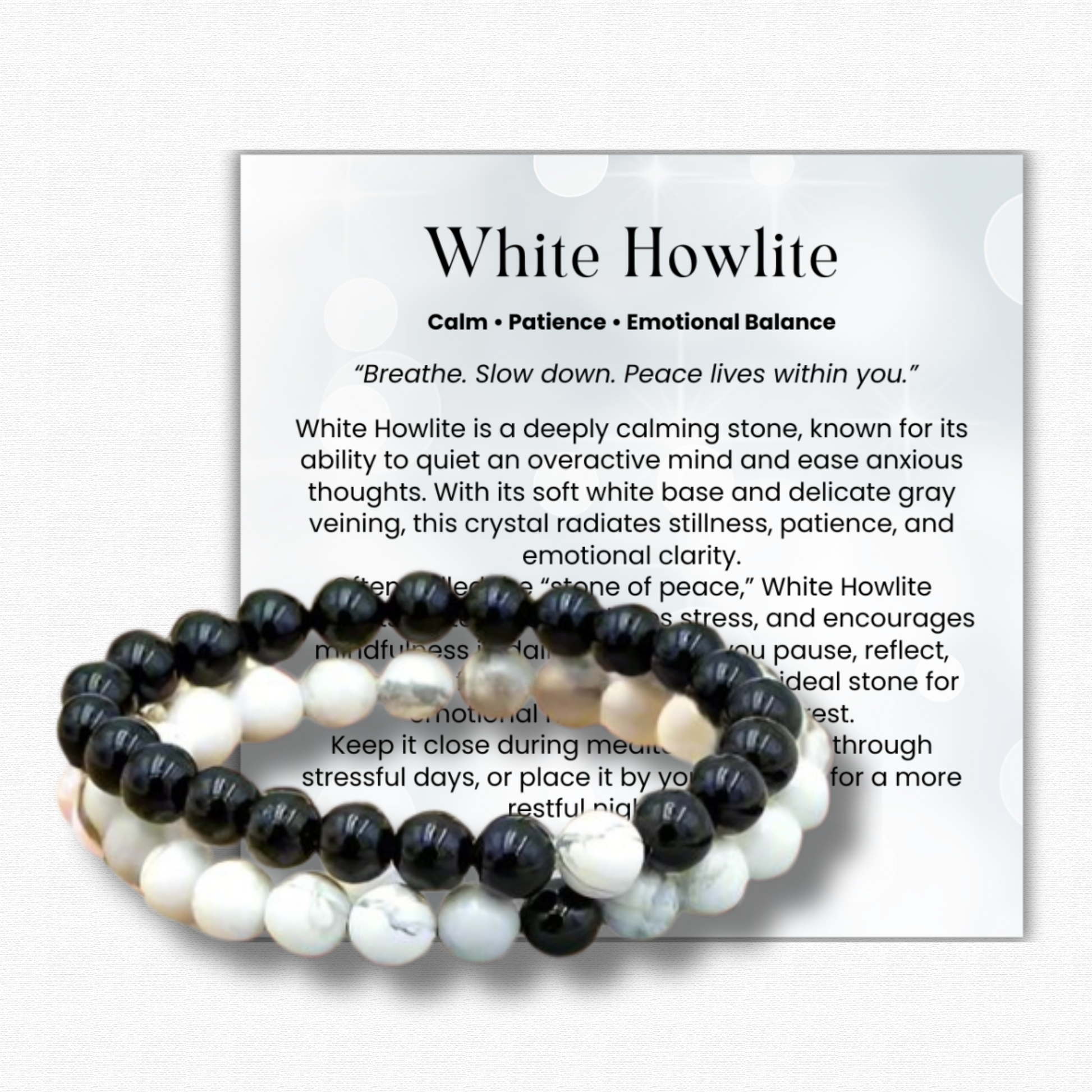 White Howlite & Black Agate Bracelet Set – friendship bracelets, couple’s jewelry, healing crystal bracelets for anxiety, grounding, balance & harmony.