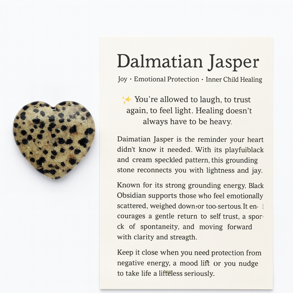 Dalmatian Jasper worry stone for anxiety relief, stress support, and grounding – natural thumb stone with Black Tourmaline inclusions and info card