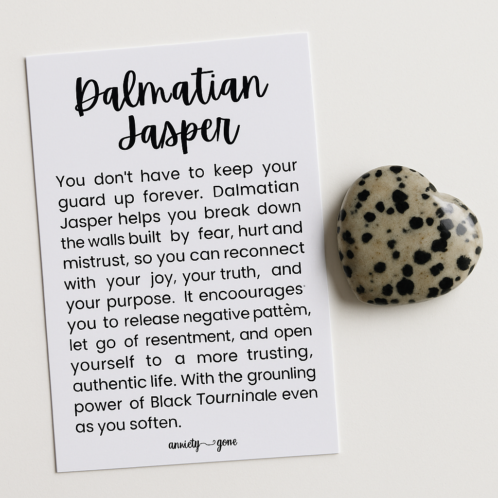 Dalmatian Jasper worry stone for anxiety relief, stress support, and grounding – natural thumb stone with Black Tourmaline inclusions and info card