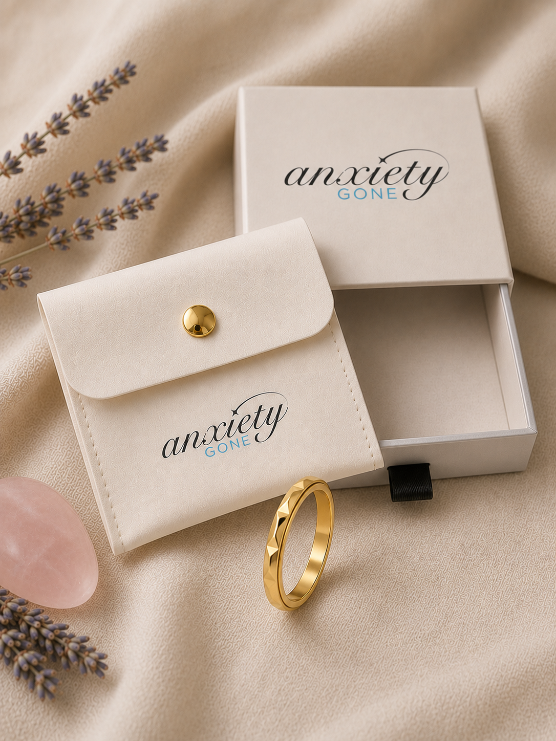 Packaging with a gold textured fidget ring, thumb turning the spinning band