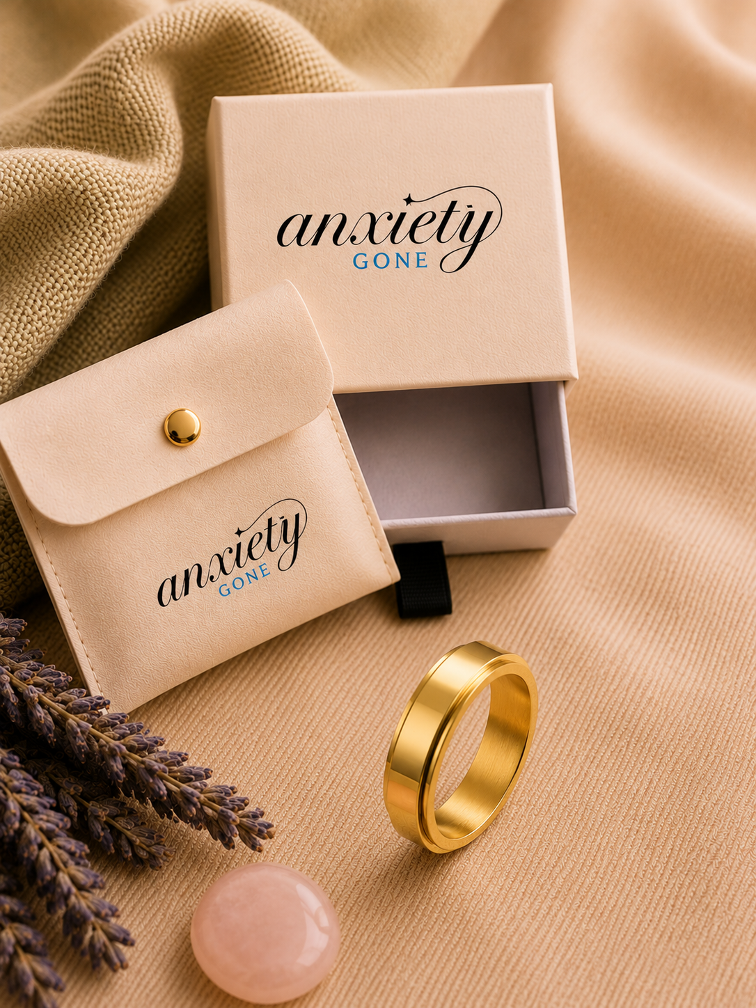Flux Polished Band Spinner Ring displayed with its Anxiety Gone gift box and pouch