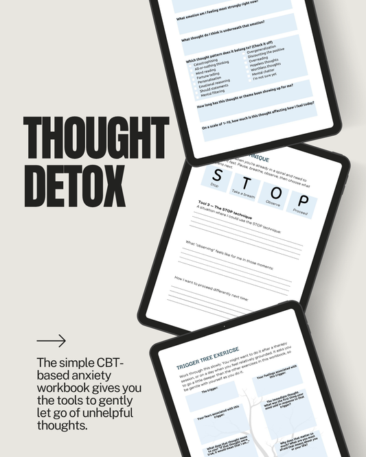 Thought Detox workbook with digital screens displaying pages on a light gray background