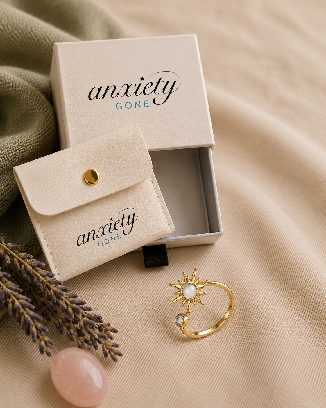 A gold fidget ring with a sunburst design and a white pearl-like center, displayed next to its cream-colored 'anxiety GONE' jewelry box and matching card on a beige fabric background.