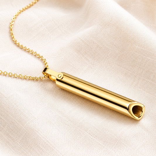 A polished gold breathing necklace on a delicate gold chain, displayed on a textured beige fabric background.