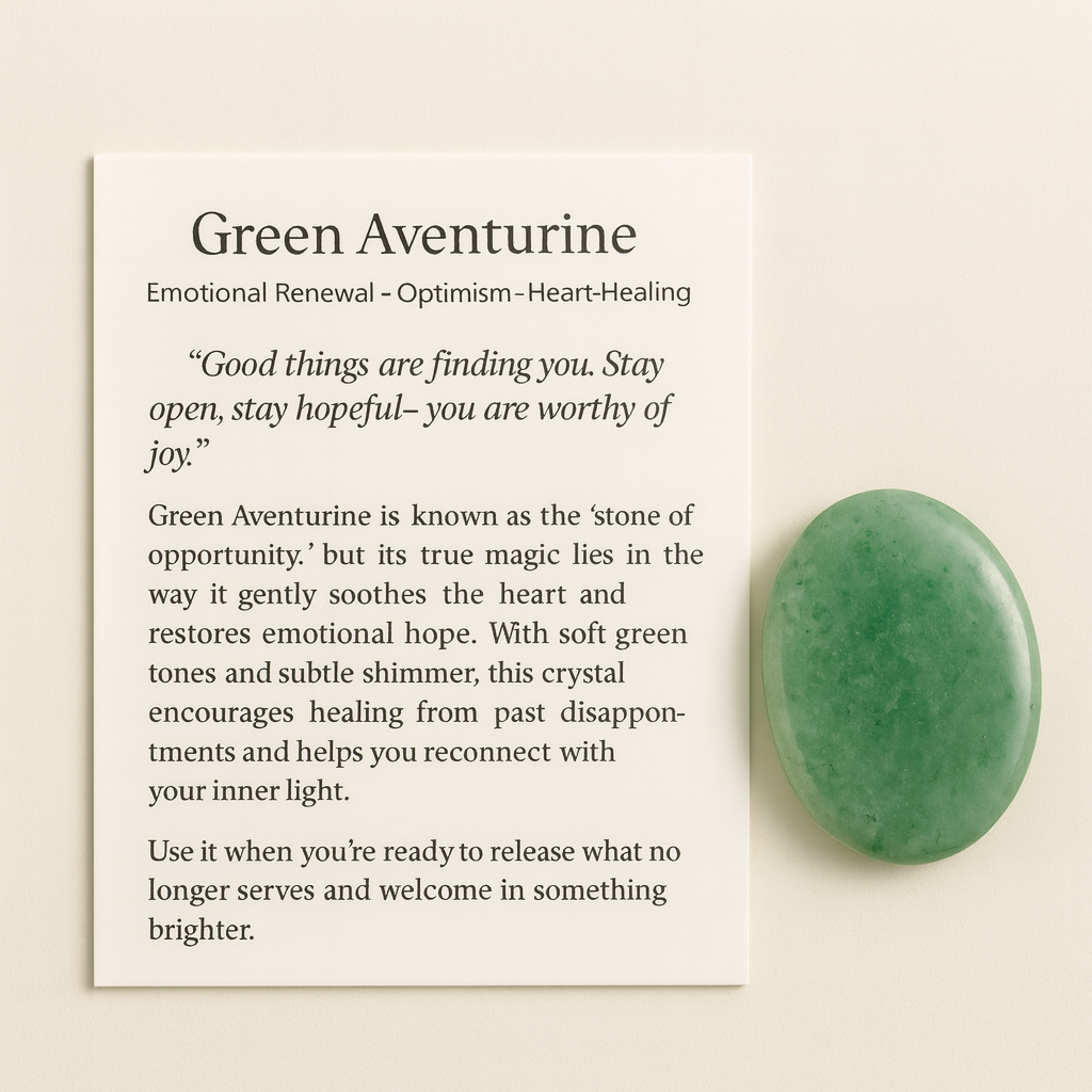 Green Aventurine worry stone for anxiety relief, emotional healing, and luck – polished oval thumb stone with info card for stress relief and positivity