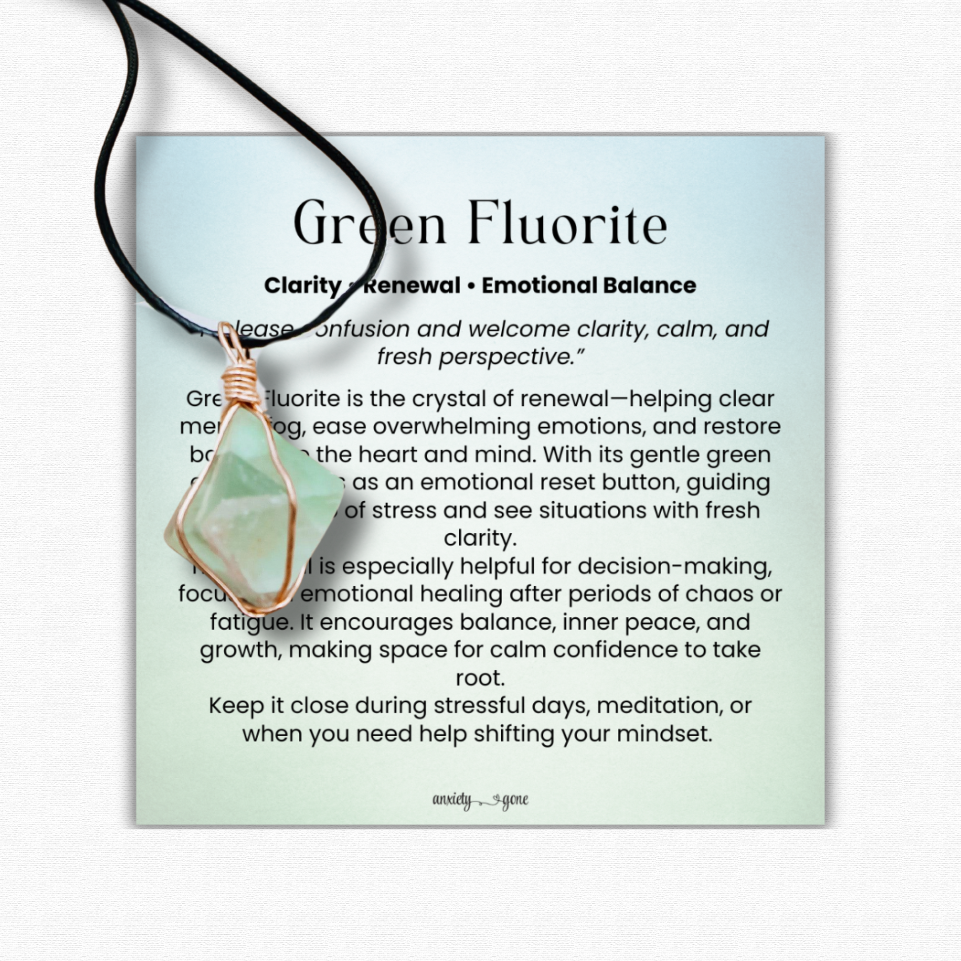 Green Fluorite Wire Wrapped Necklace with black cord – healing crystal jewelry for clarity, stress relief, focus, emotional balance, and chakra healing.