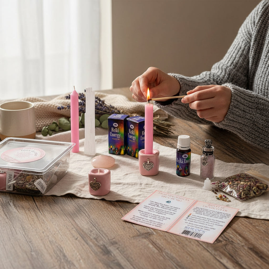 Heart healing ritual kit with candle, gemstones, sage, and Reiki oil – emotional healing self-love ritual set for heart chakra balance and compassion